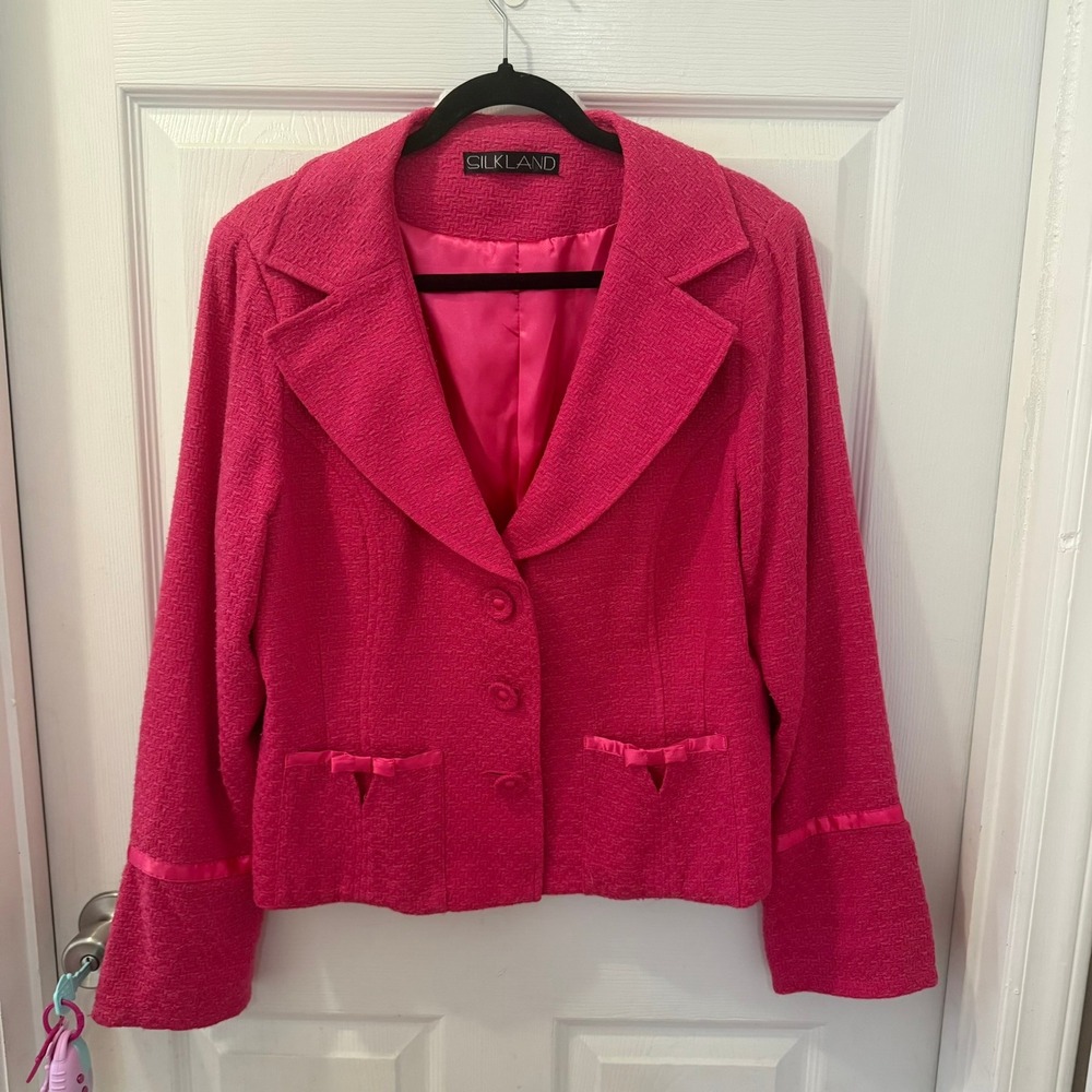 SILKLAND XL Hot Pink Tweed Textured Blazer Jacket Women Bow Preppy CHECK MEAS.